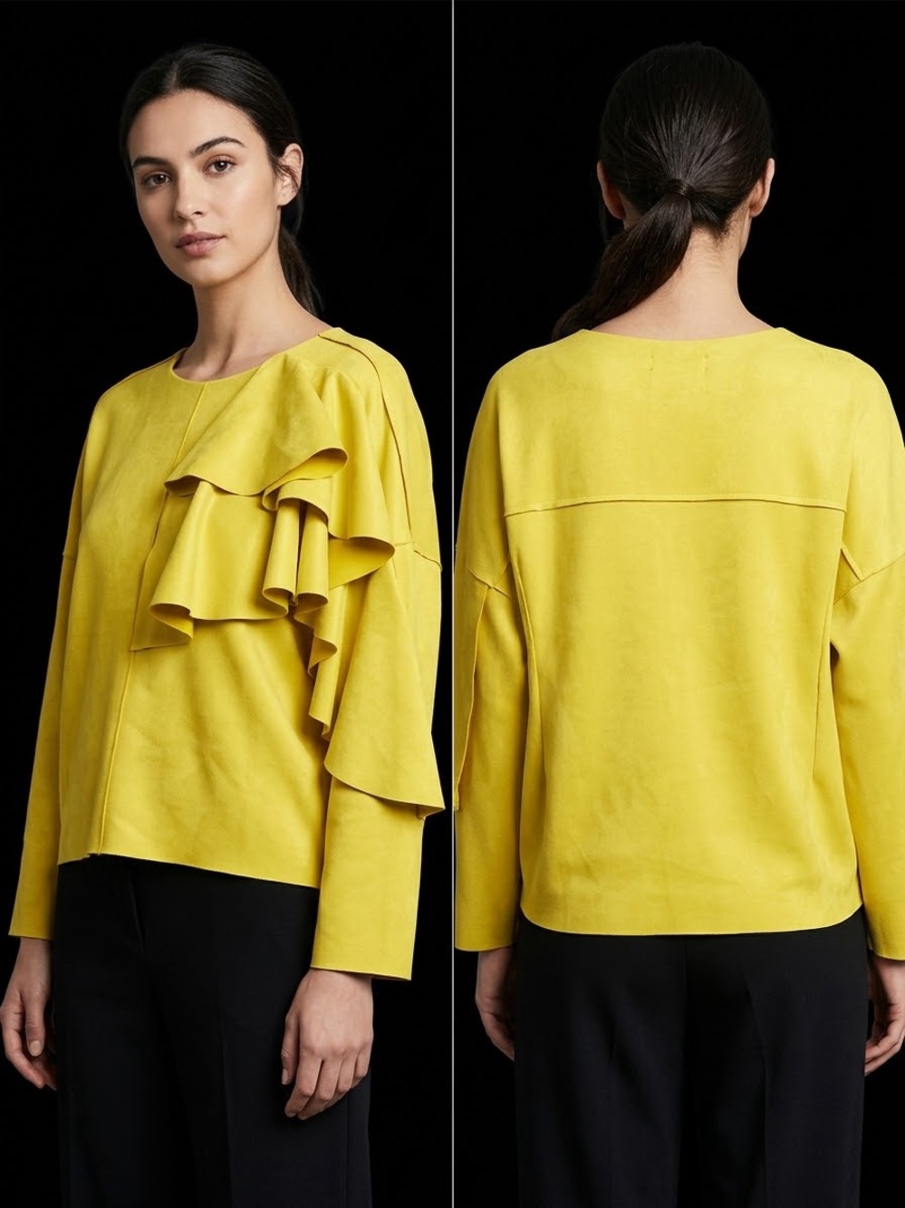 Yellow Ruffle-Detail Long-Sleeve Blouse